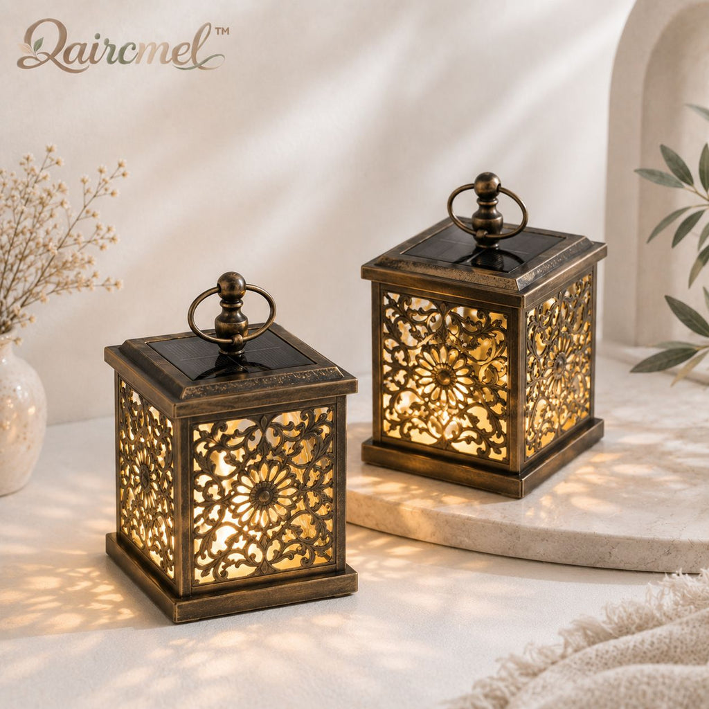 Qaircmel™ Aurelia Carved Solar Lantern - 5.9 in Vintage Square Floral Cutout LED Patio and Garden Lantern