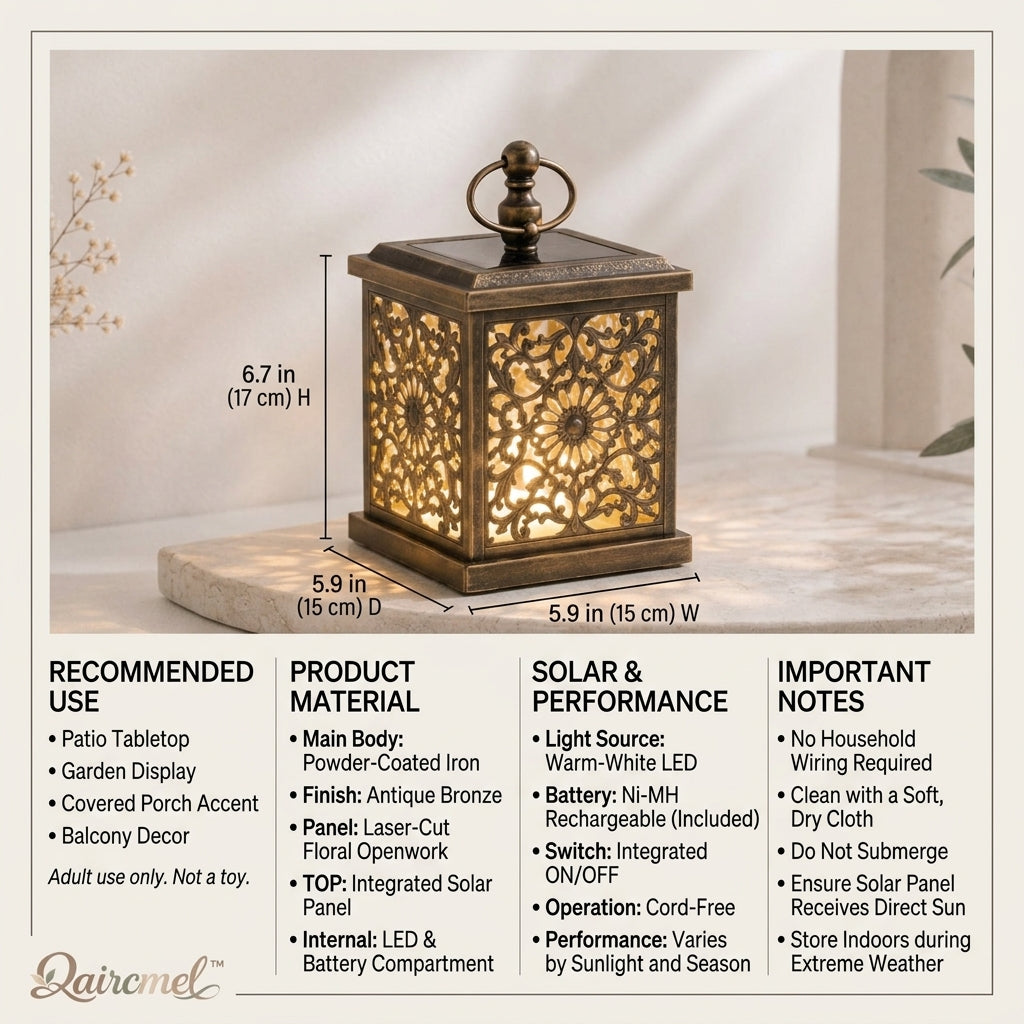 Qaircmel™ Aurelia Carved Solar Lantern - 5.9 in Vintage Square Floral Cutout LED Patio and Garden Lantern