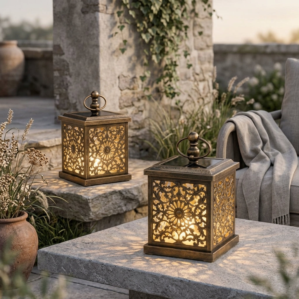 Qaircmel™ Aurelia Carved Solar Lantern - 5.9 in Vintage Square Floral Cutout LED Patio and Garden Lantern
