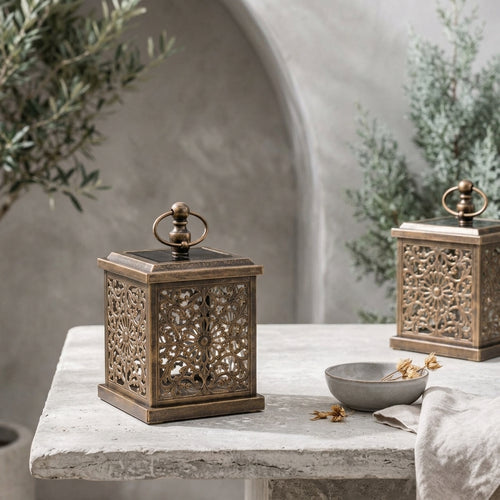 Qaircmel™ Aurelia Carved Solar Lantern - 5.9 in Vintage Square Floral Cutout LED Patio and Garden Lantern