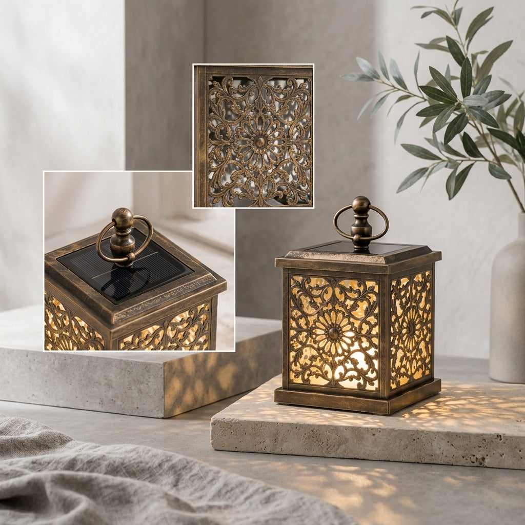 Qaircmel™ Aurelia Carved Solar Lantern - 5.9 in Vintage Square Floral Cutout LED Patio and Garden Lantern