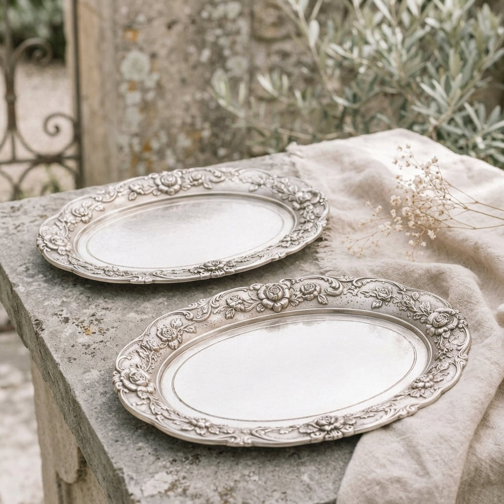 Qaircmel™ Victorian Rose Embossed Serving Trays - Set of 2 Antique Silver Metal Food and Decorative Trays