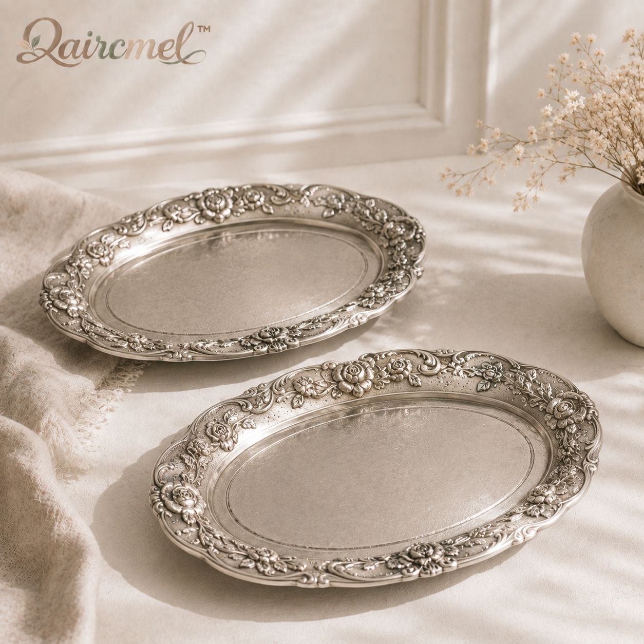 Qaircmel™ Victorian Rose Embossed Serving Trays - Set of 2 Antique Silver Metal Food and Decorative Trays