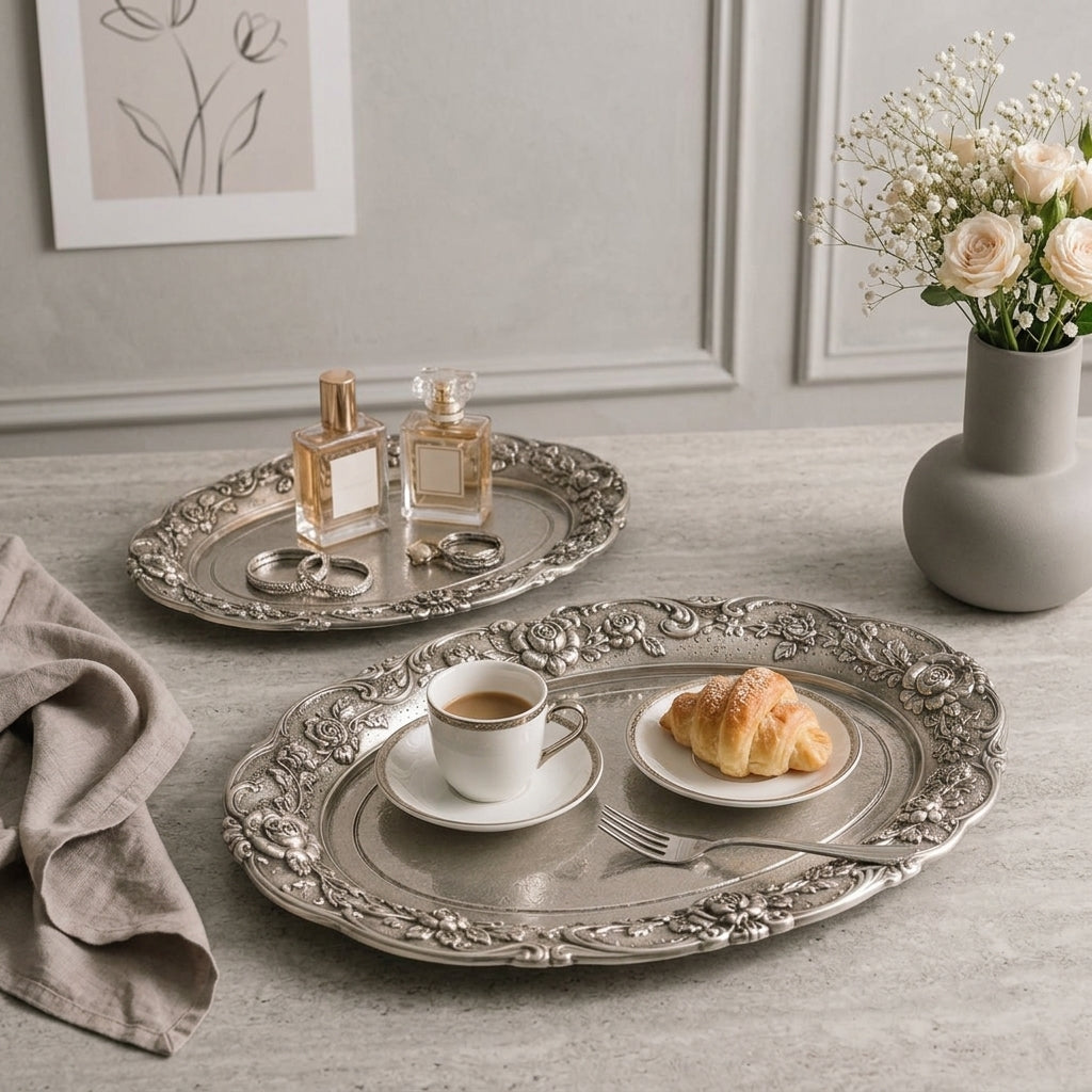 Qaircmel™ Victorian Rose Embossed Serving Trays - Set of 2 Antique Silver Metal Food and Decorative Trays