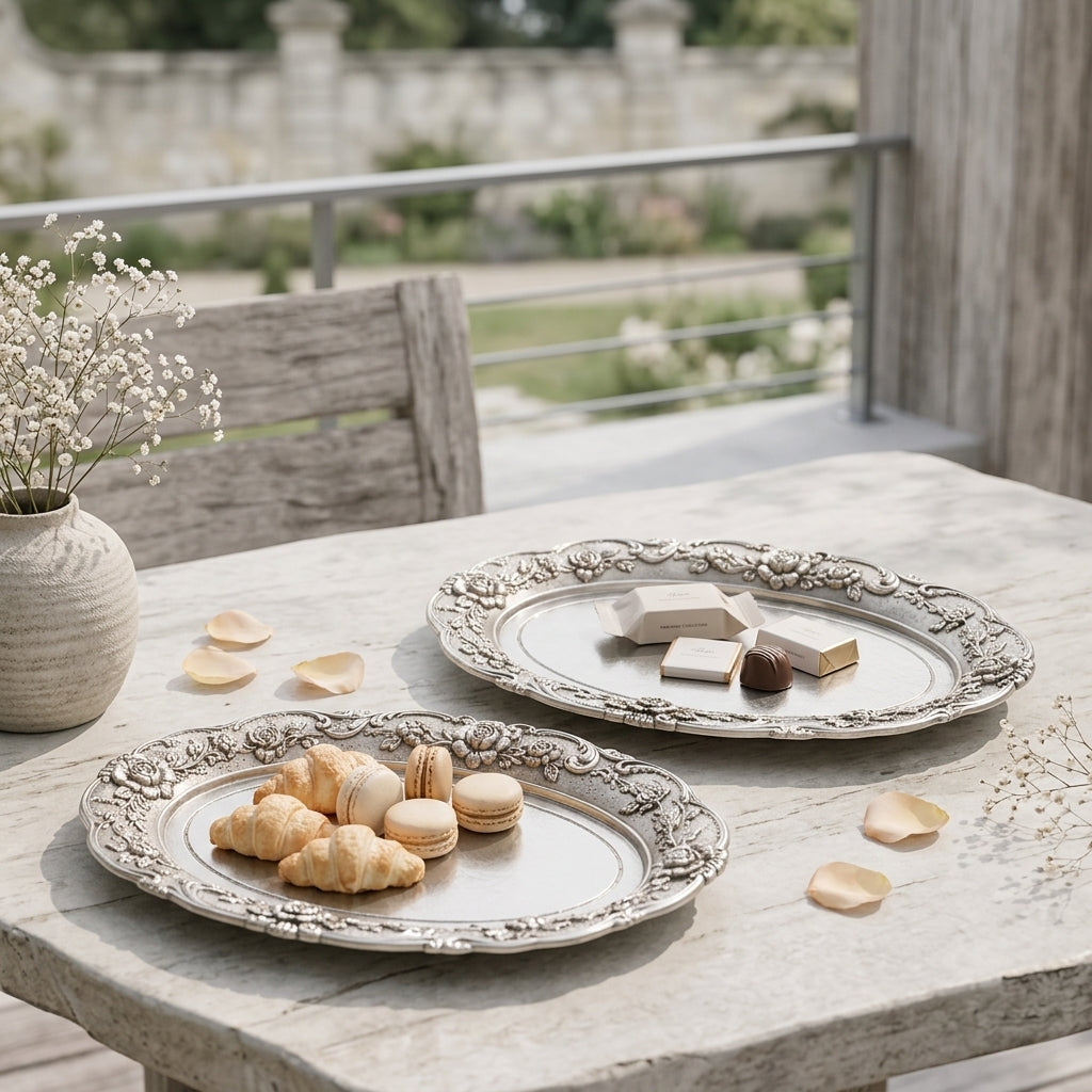 Qaircmel™ Victorian Rose Embossed Serving Trays - Set of 2 Antique Silver Metal Food and Decorative Trays