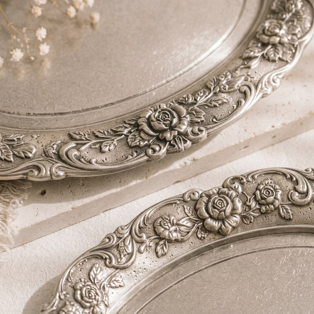Qaircmel™ Victorian Rose Embossed Serving Trays - Set of 2 Antique Silver Metal Food and Decorative Trays