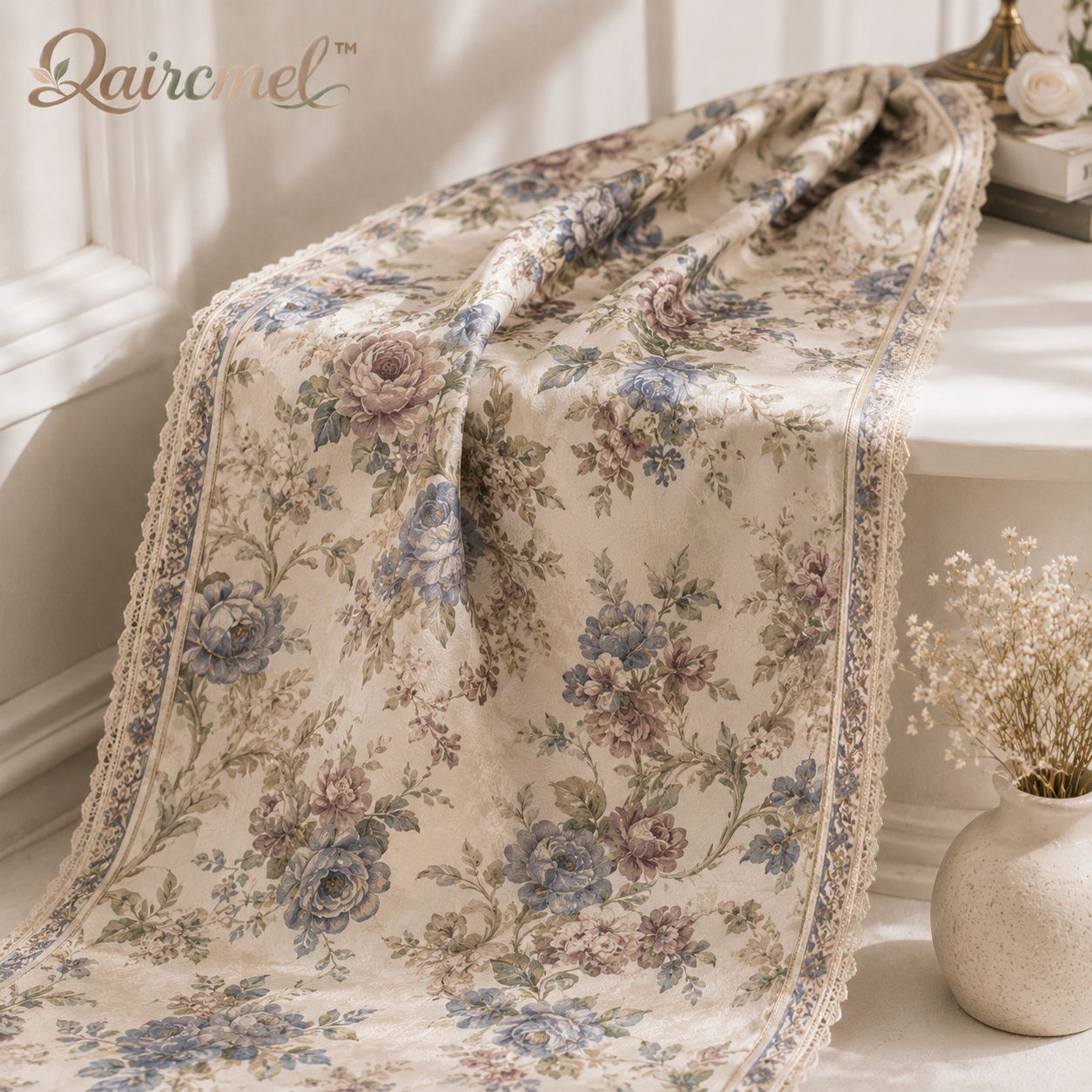 Qaircmel™ Maison Fleur Finished Satin Decor Panel - Vintage Floral Pre-Cut Fabric for Doorway, Curtain and Table Decor