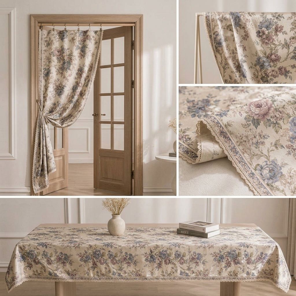 Qaircmel™ Maison Fleur Finished Satin Decor Panel - Vintage Floral Pre-Cut Fabric for Doorway, Curtain and Table Decor