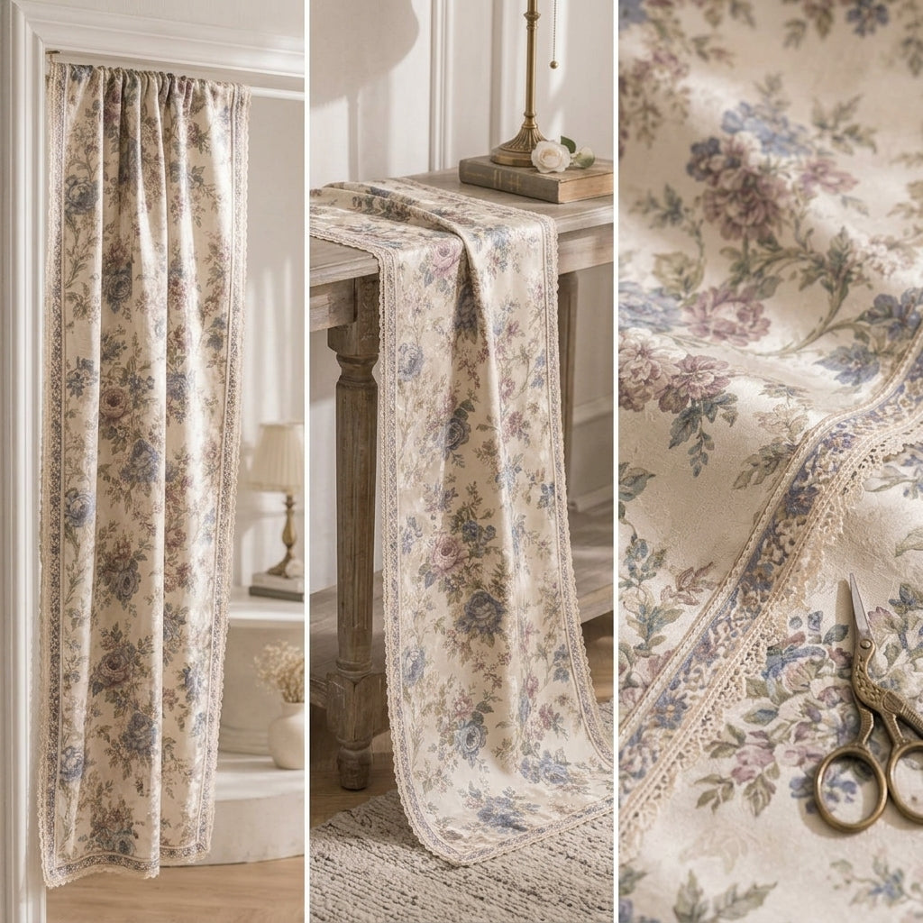 Qaircmel™ Maison Fleur Finished Satin Decor Panel - Vintage Floral Pre-Cut Fabric for Doorway, Curtain and Table Decor