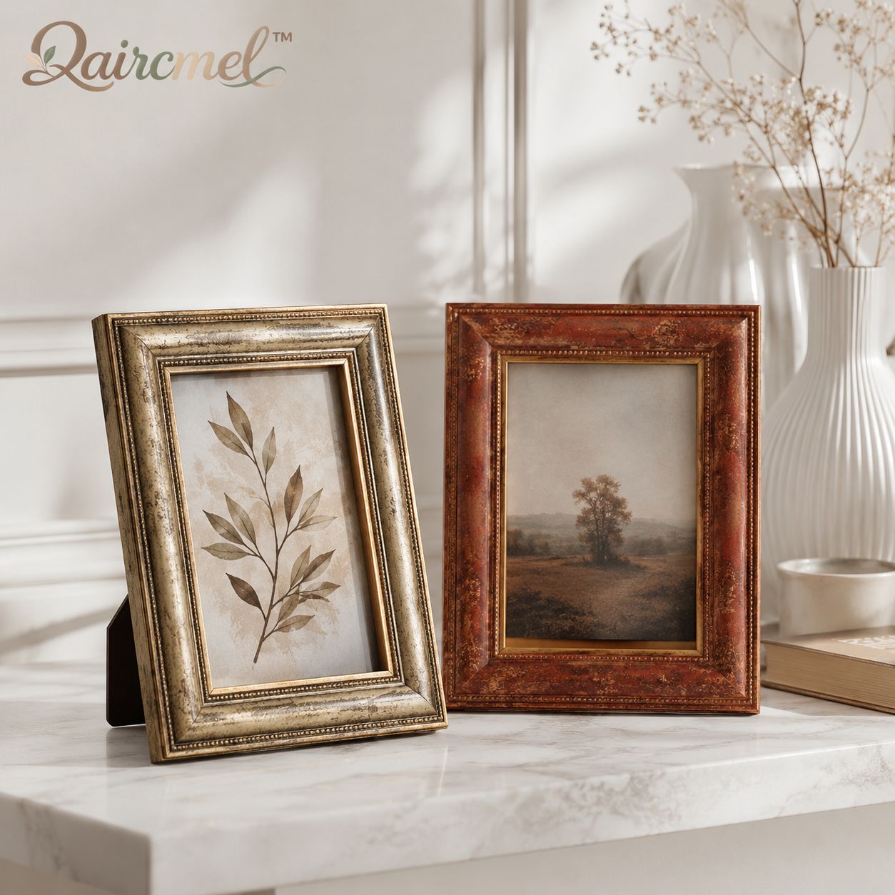Qaircmel™ Vintage Gallery Picture Frames Set of 2 – 5x7 Decorative Photo Frames, Antique Nordic Tabletop & Wall Home Decor