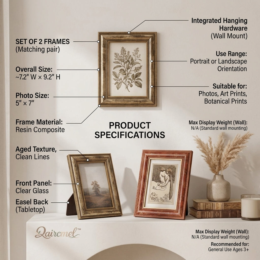 Qaircmel™ Vintage Gallery Picture Frames Set of 2 – 5x7 Decorative Photo Frames, Antique Nordic Tabletop & Wall Home Decor