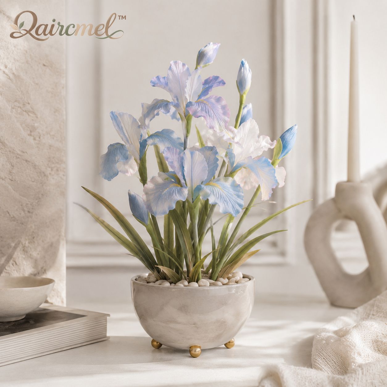 Qaircmel™ Moonlit Iris Everlasting Floral Ornament – Blue White Decorative Flower with Subtle Glow, Tabletop & Hanging Botanical Decor