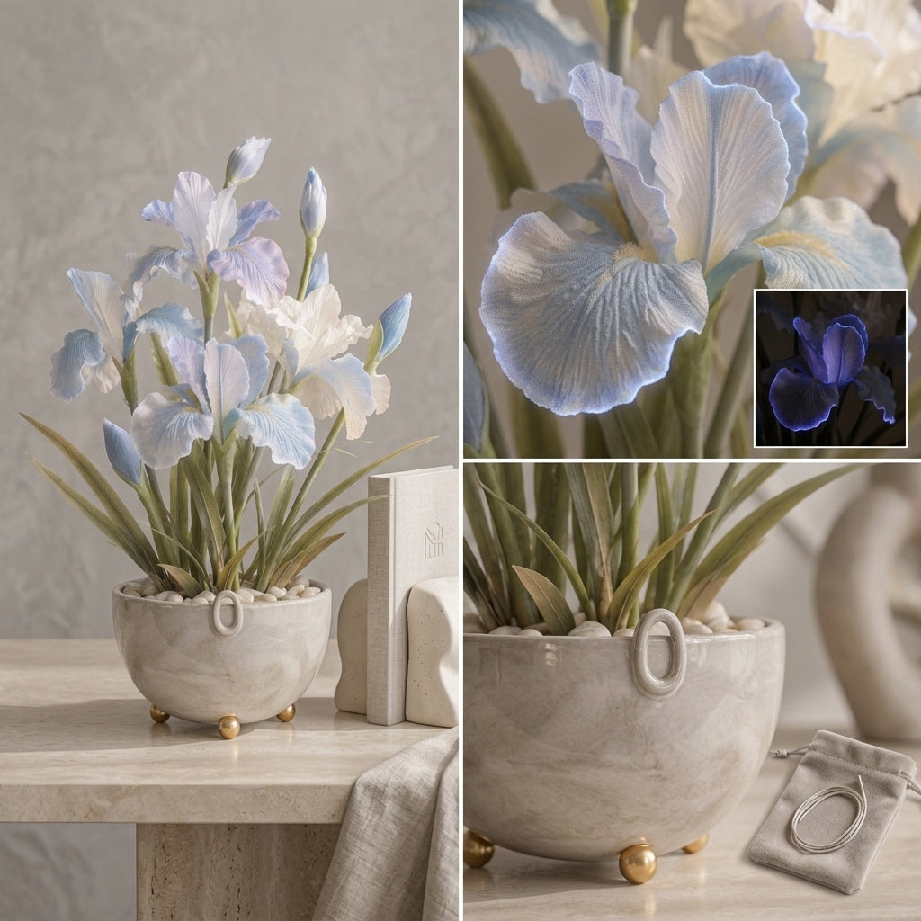 Qaircmel™ Moonlit Iris Everlasting Floral Ornament – Blue White Decorative Flower with Subtle Glow, Tabletop & Hanging Botanical Decor