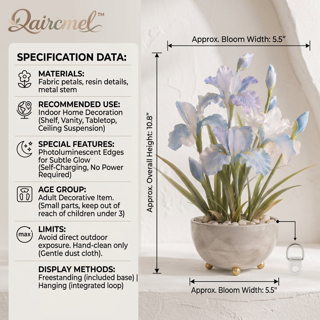Qaircmel™ Moonlit Iris Everlasting Floral Ornament – Blue White Decorative Flower with Subtle Glow, Tabletop & Hanging Botanical Decor