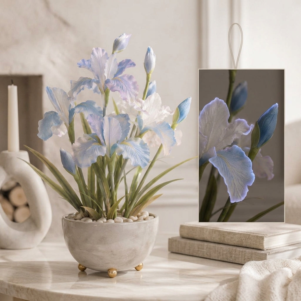 Qaircmel™ Moonlit Iris Everlasting Floral Ornament – Blue White Decorative Flower with Subtle Glow, Tabletop & Hanging Botanical Decor