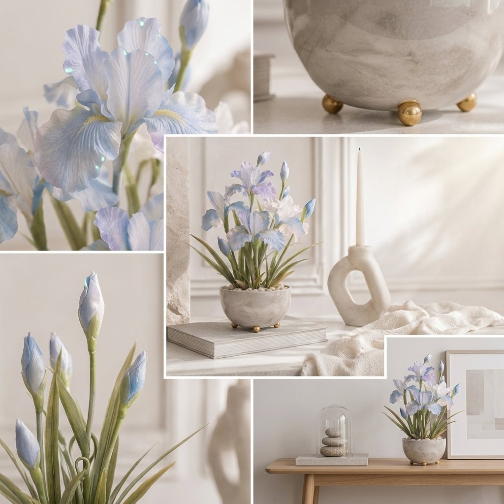 Qaircmel™ Moonlit Iris Everlasting Floral Ornament – Blue White Decorative Flower with Subtle Glow, Tabletop & Hanging Botanical Decor