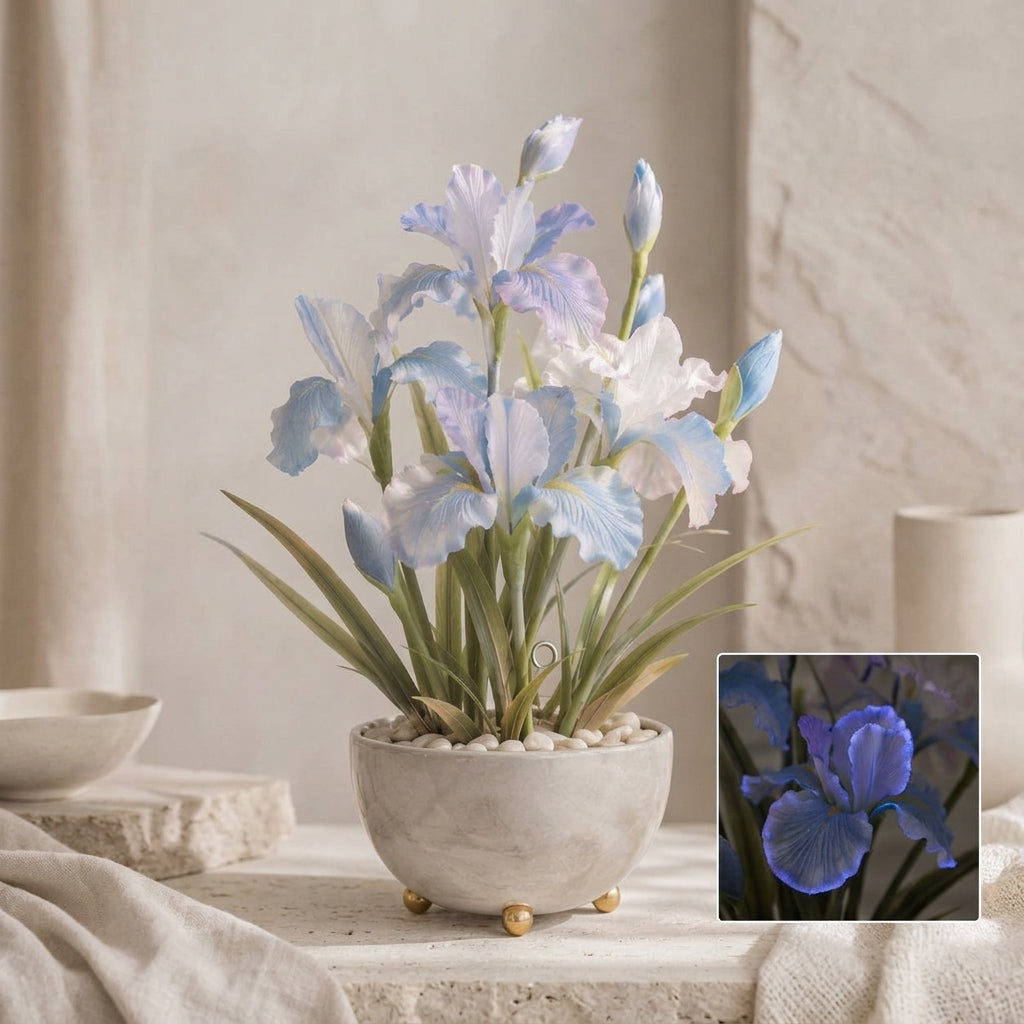 Qaircmel™ Moonlit Iris Everlasting Floral Ornament – Blue White Decorative Flower with Subtle Glow, Tabletop & Hanging Botanical Decor