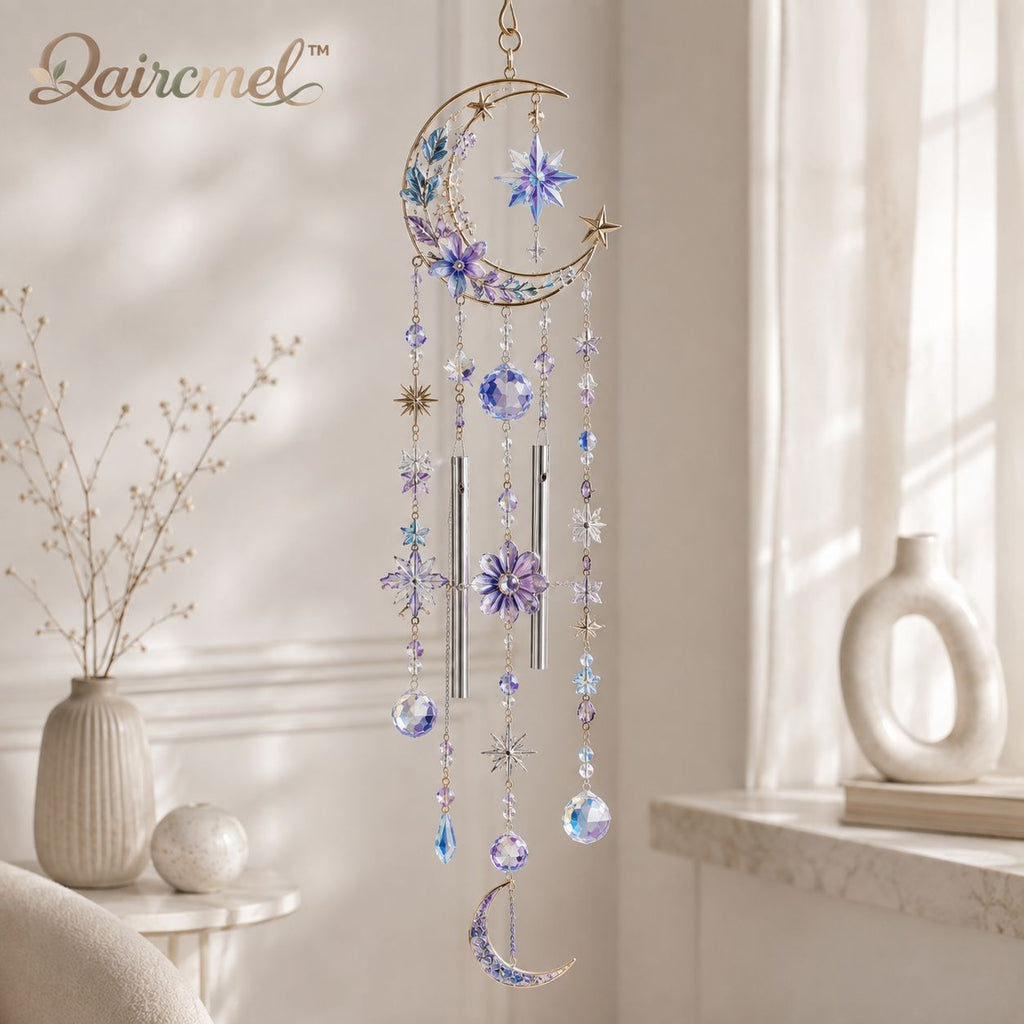 Qaircmel™ Celestial Garden Crystal Wind Chime – Moon Star Flower Hanging Decor with Blue Purple White Jewel-Inspired Accents