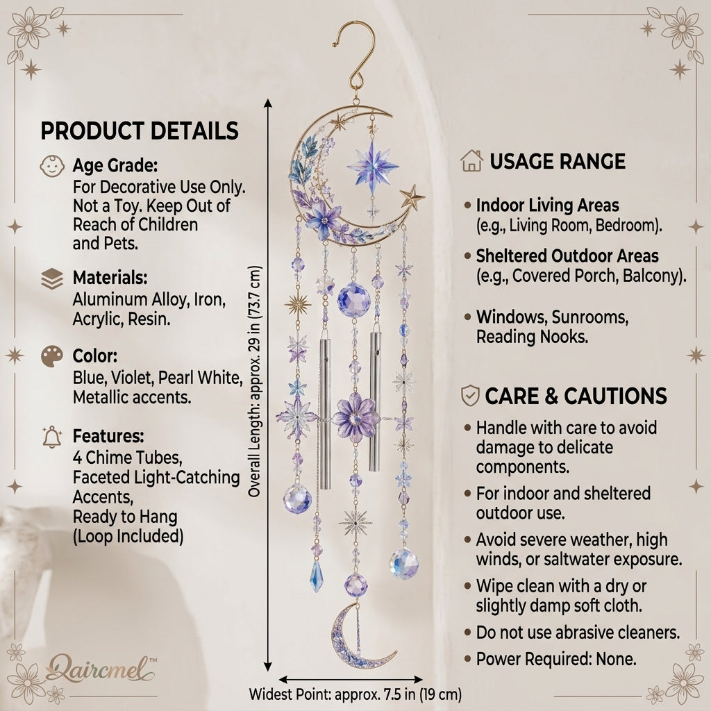 Qaircmel™ Celestial Garden Crystal Wind Chime – Moon Star Flower Hanging Decor with Blue Purple White Jewel-Inspired Accents