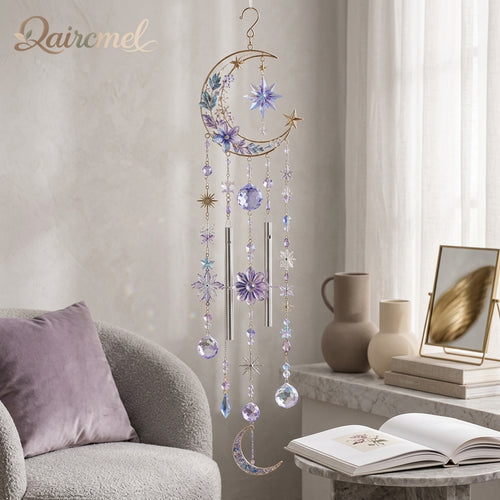 Qaircmel™ Celestial Garden Crystal Wind Chime – Moon Star Flower Hanging Decor with Blue Purple White Jewel-Inspired Accents