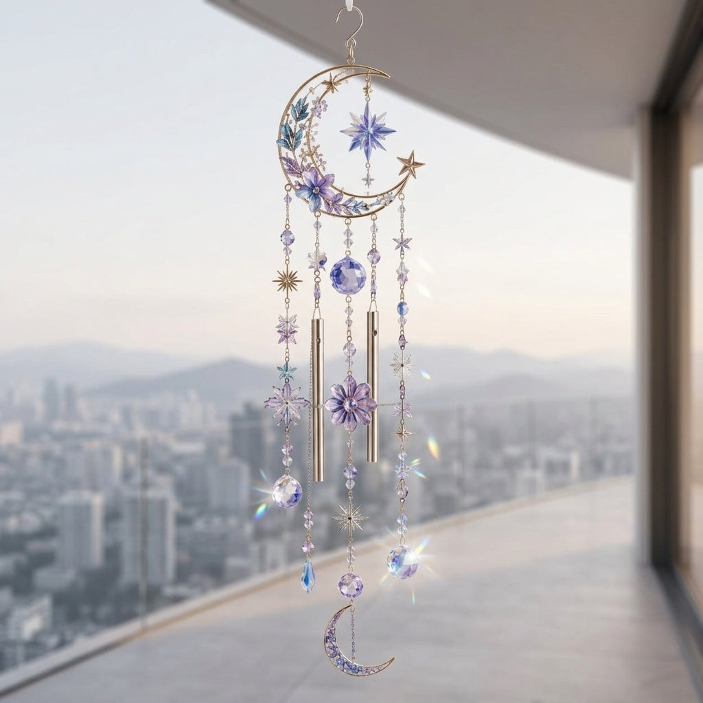 Qaircmel™ Celestial Garden Crystal Wind Chime – Moon Star Flower Hanging Decor with Blue Purple White Jewel-Inspired Accents