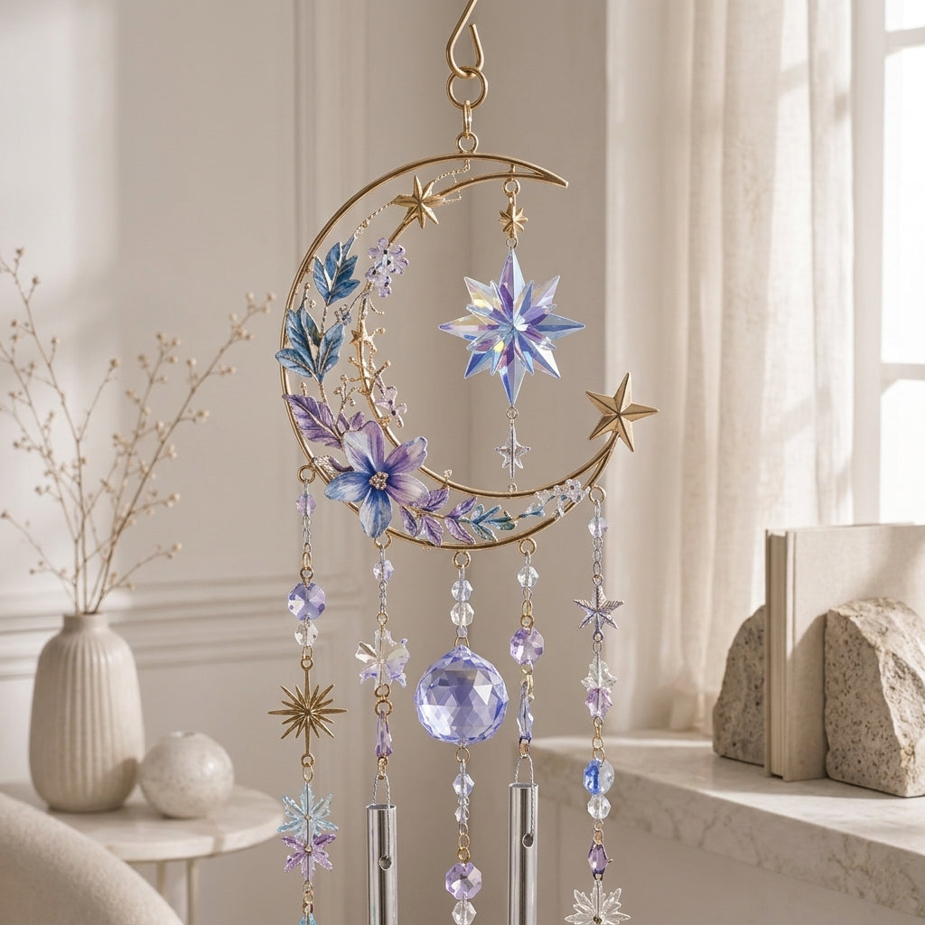 Qaircmel™ Celestial Garden Crystal Wind Chime – Moon Star Flower Hanging Decor with Blue Purple White Jewel-Inspired Accents