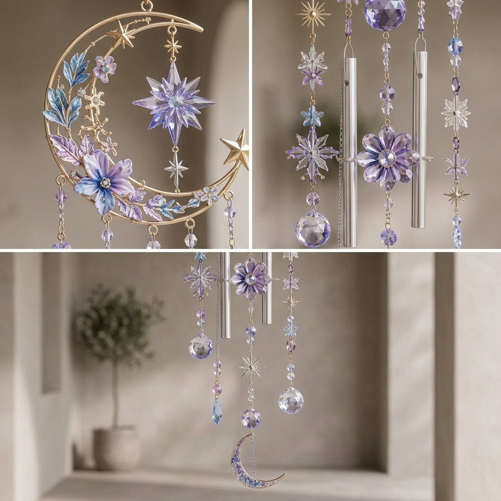 Qaircmel™ Celestial Garden Crystal Wind Chime – Moon Star Flower Hanging Decor with Blue Purple White Jewel-Inspired Accents