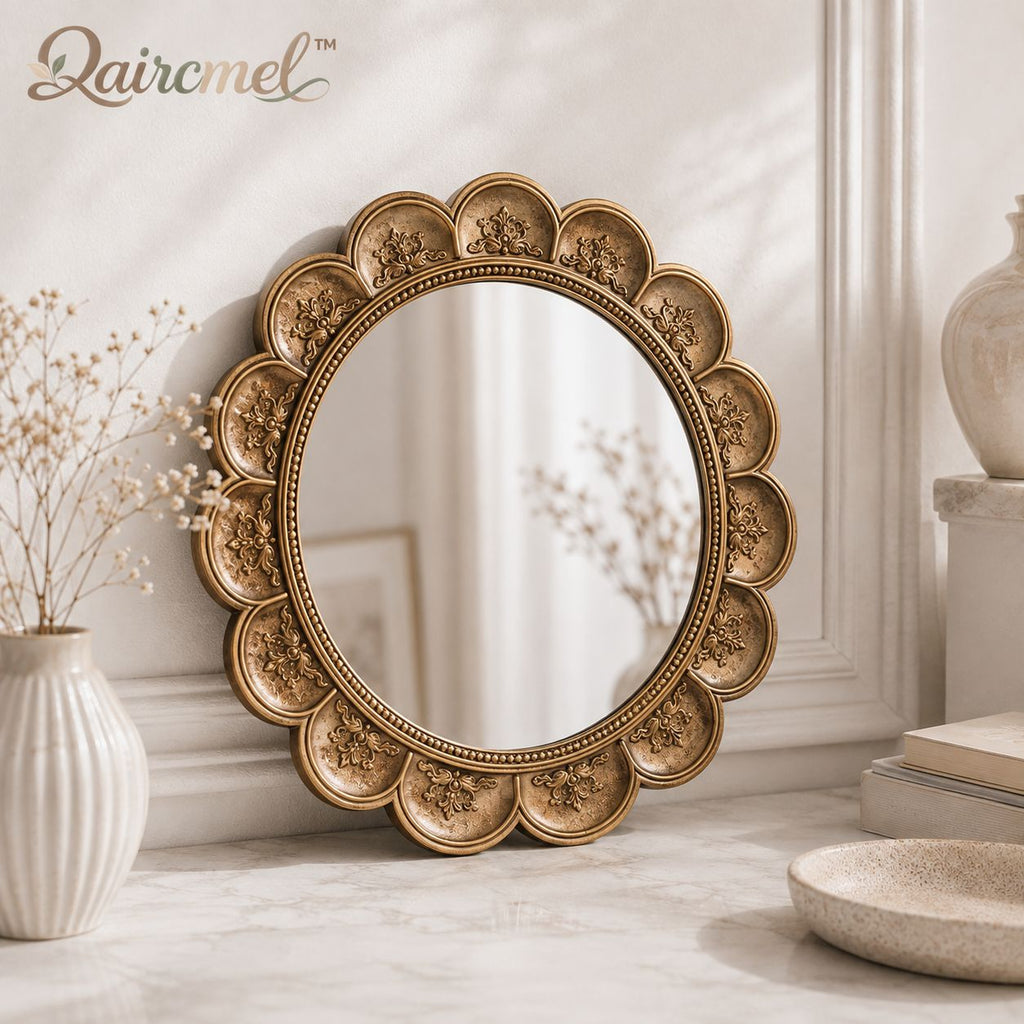 Qaircmel™ Aurelia Vintage Scalloped Round Mirror – 8 Inch Decorative Wall Mirror, Nordic Antique Accent Mirror for Bedroom Entryway Vanity