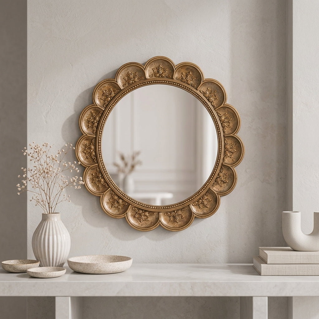 Qaircmel™ Aurelia Vintage Scalloped Round Mirror – 8 Inch Decorative Wall Mirror, Nordic Antique Accent Mirror for Bedroom Entryway Vanity