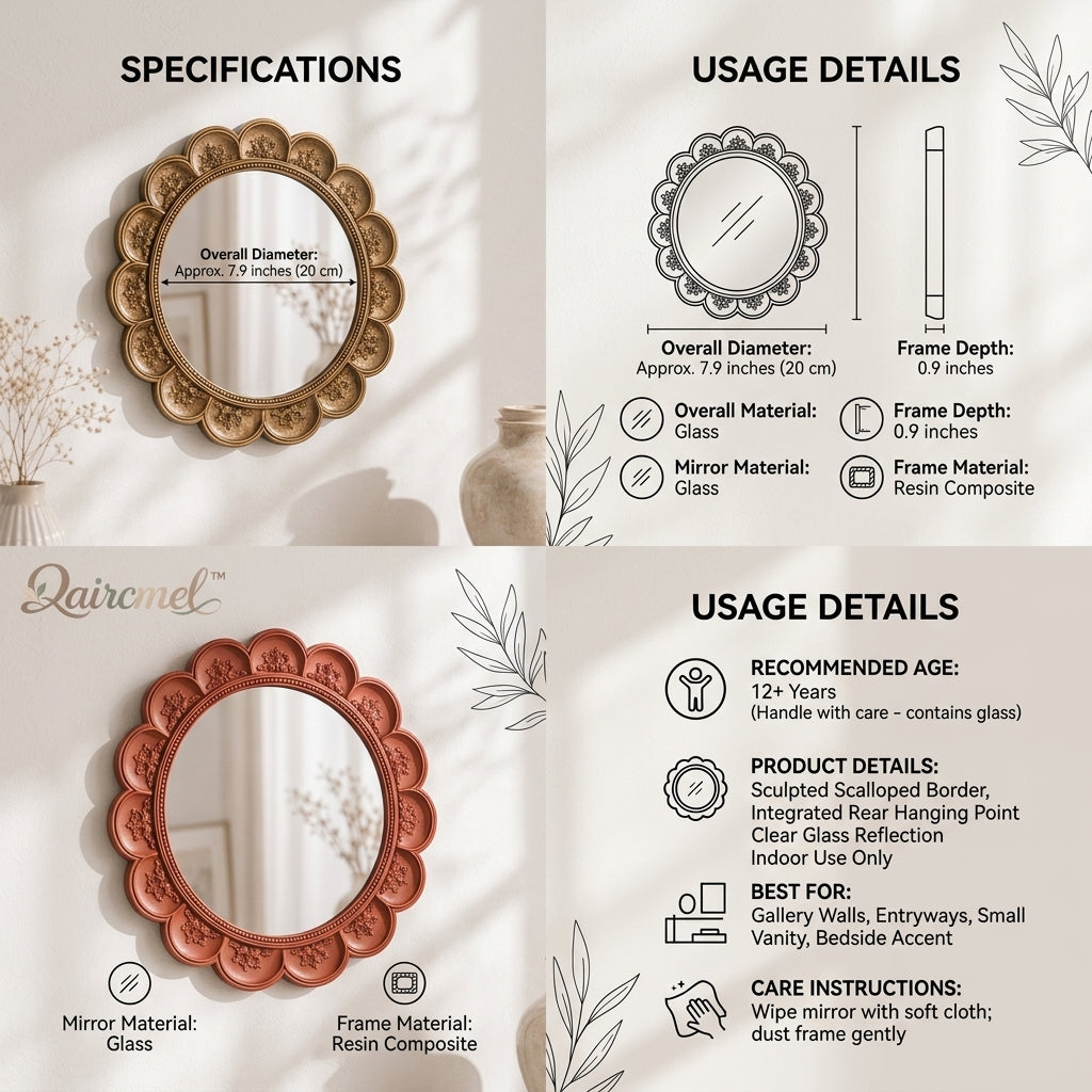 Qaircmel™ Aurelia Vintage Scalloped Round Mirror – 8 Inch Decorative Wall Mirror, Nordic Antique Accent Mirror for Bedroom Entryway Vanity