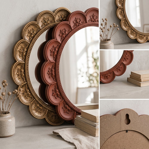 Qaircmel™ Aurelia Vintage Scalloped Round Mirror – 8 Inch Decorative Wall Mirror, Nordic Antique Accent Mirror for Bedroom Entryway Vanity