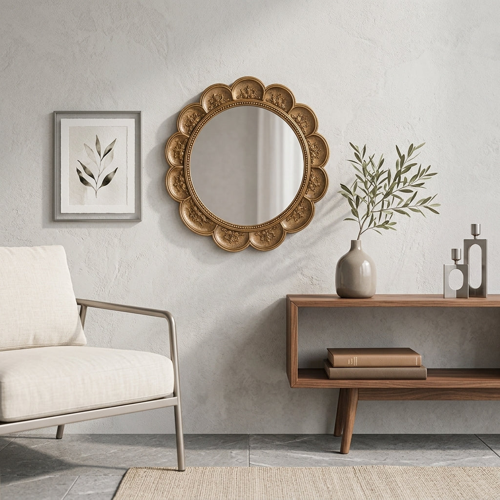 Qaircmel™ Aurelia Vintage Scalloped Round Mirror – 8 Inch Decorative Wall Mirror, Nordic Antique Accent Mirror for Bedroom Entryway Vanity