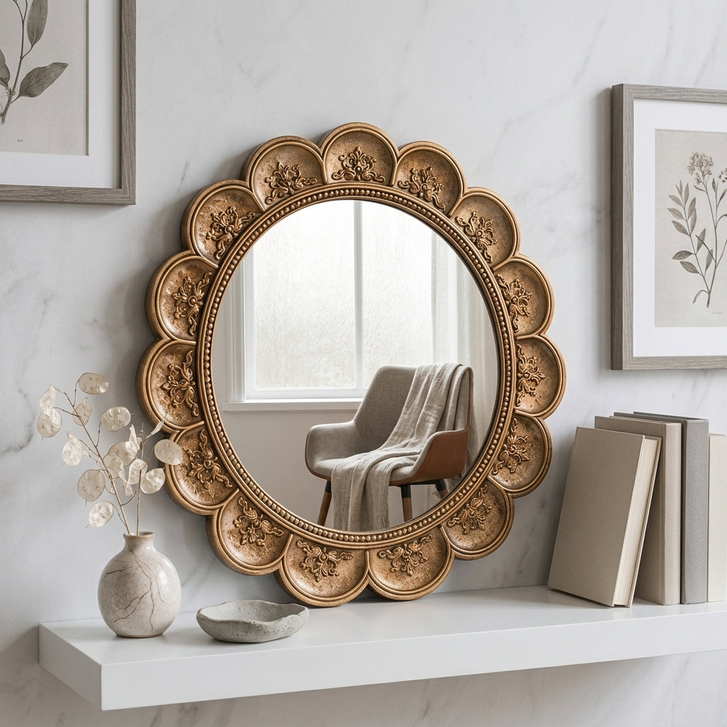 Qaircmel™ Aurelia Vintage Scalloped Round Mirror – 8 Inch Decorative Wall Mirror, Nordic Antique Accent Mirror for Bedroom Entryway Vanity