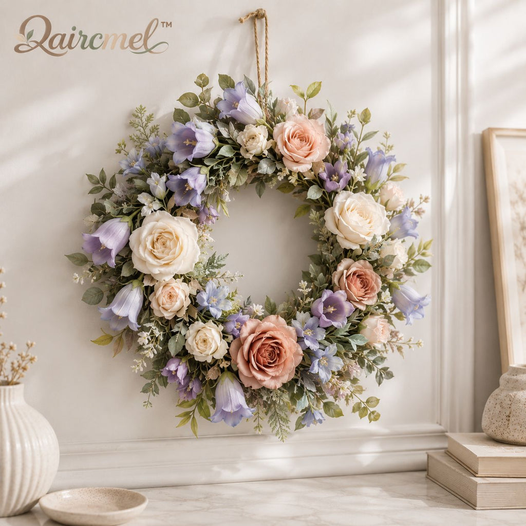 Qaircmel™ Meadow Rose & Bellflower Holiday Wreath – 13.8 Inch Artificial Floral Door Wreath with Greenery and Hanging Cord