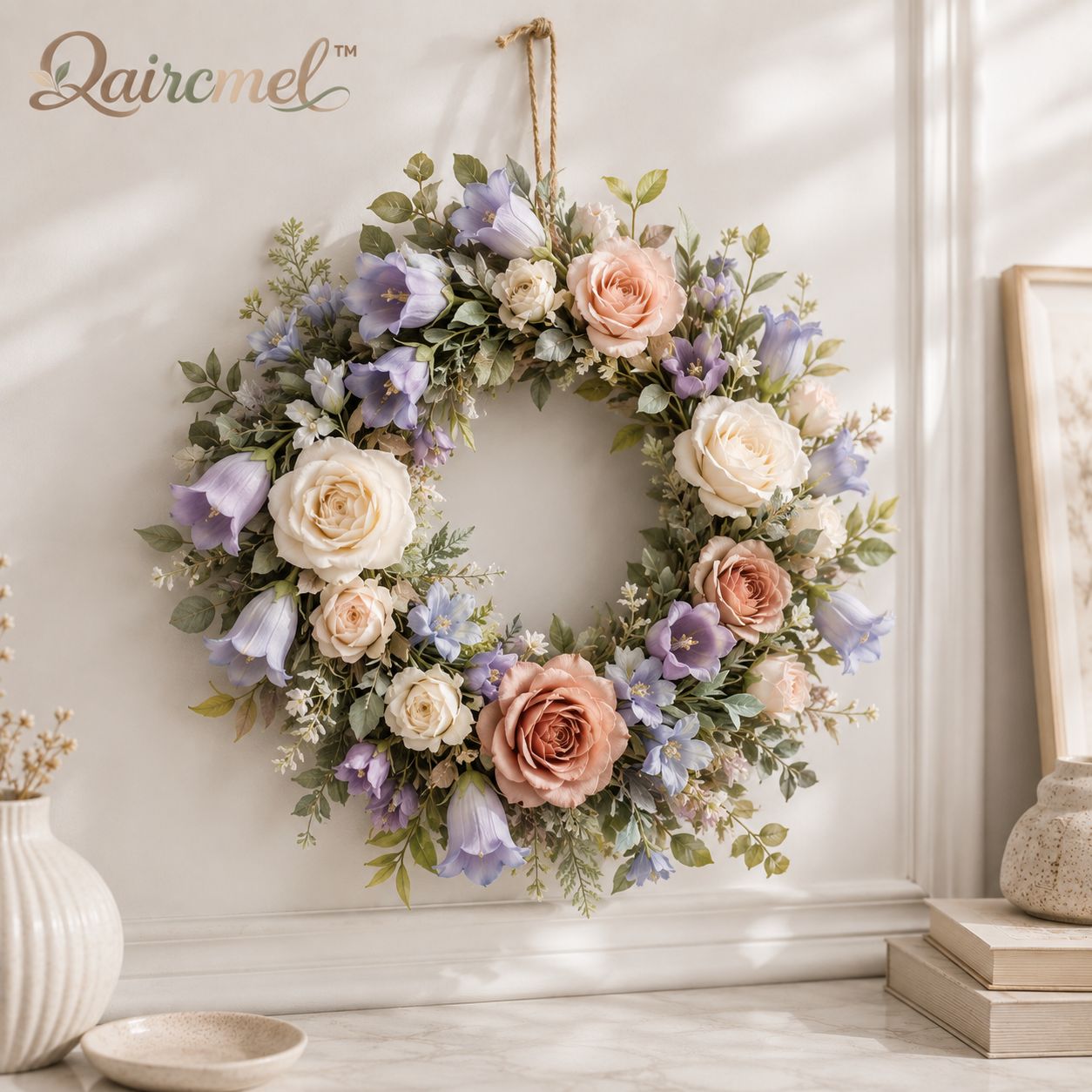 Qaircmel™ Meadow Rose & Bellflower Holiday Wreath – 13.8 Inch Artificial Floral Door Wreath with Greenery and Hanging Cord
