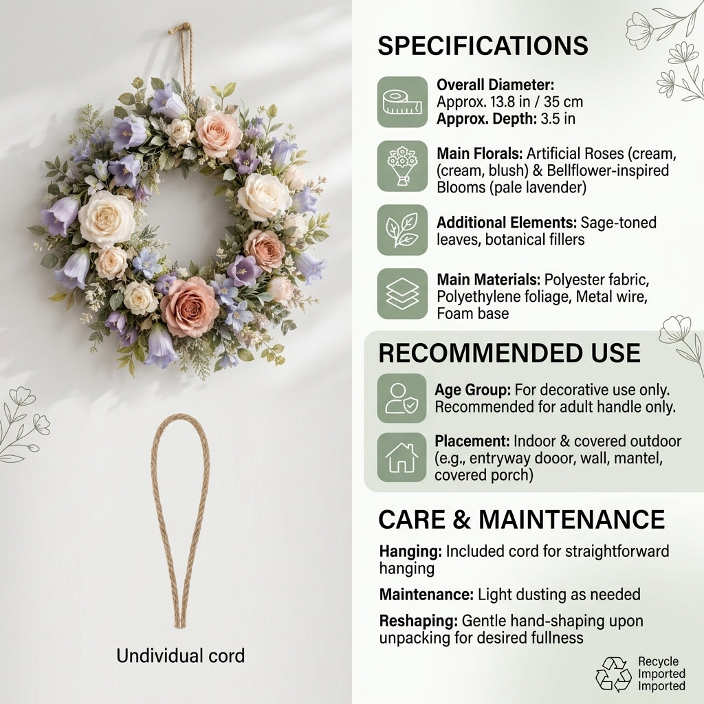 Qaircmel™ Meadow Rose & Bellflower Holiday Wreath – 13.8 Inch Artificial Floral Door Wreath with Greenery and Hanging Cord