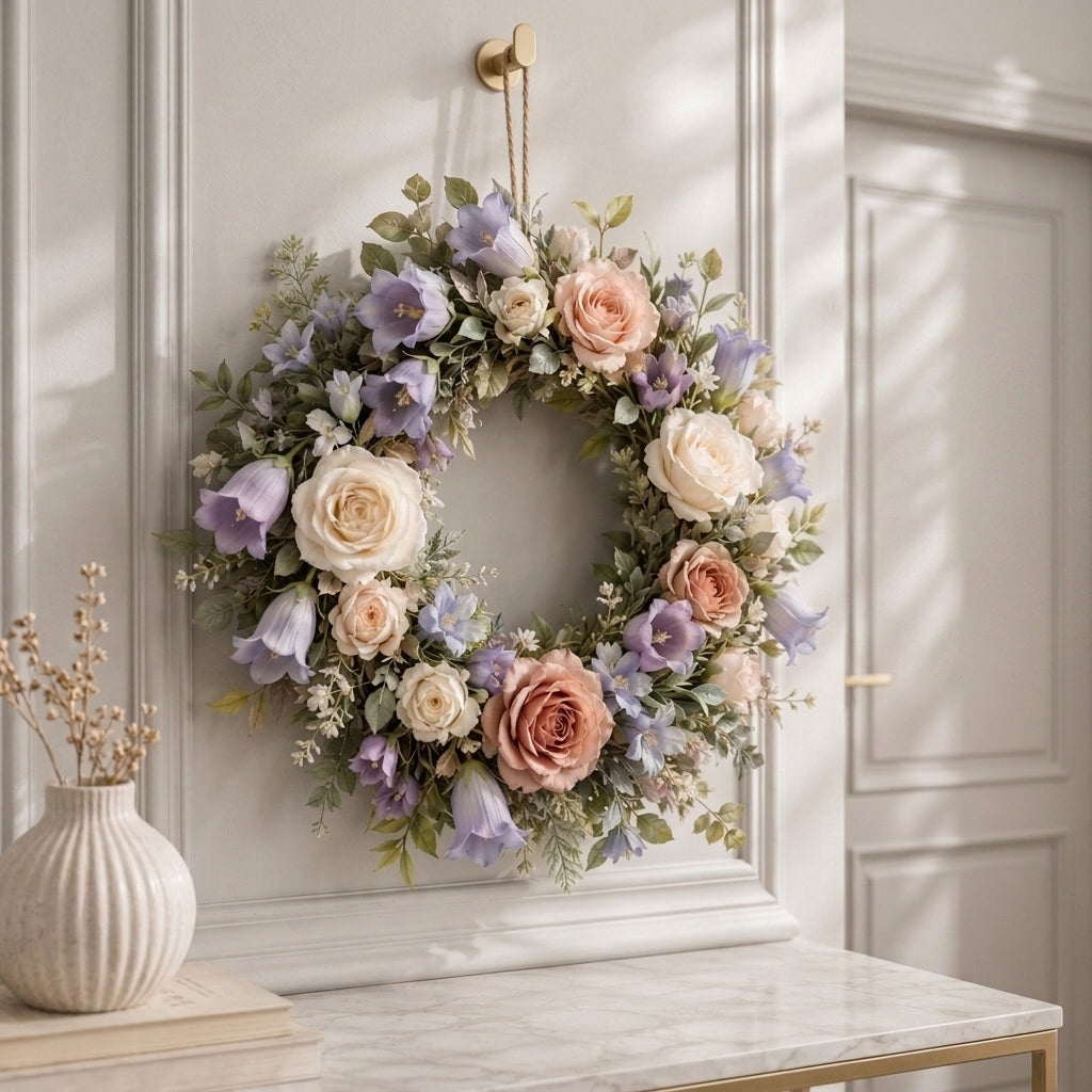 Qaircmel™ Meadow Rose & Bellflower Holiday Wreath – 13.8 Inch Artificial Floral Door Wreath with Greenery and Hanging Cord