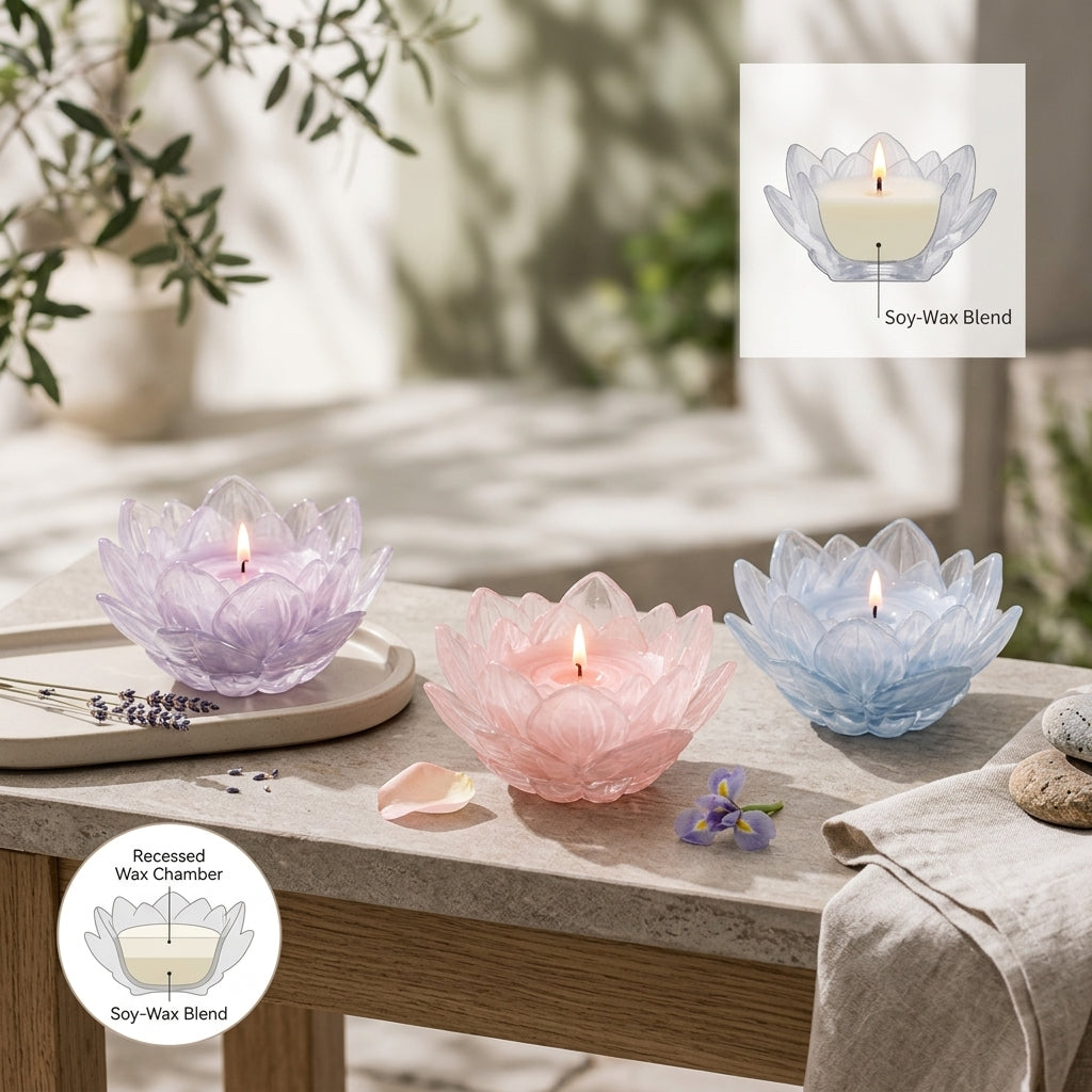 Qaircmel™ Lotus Petal Scented Candle – Decorative Floral Soy Wax Blend Candle in Sculpted Ceramic Petal Vessel