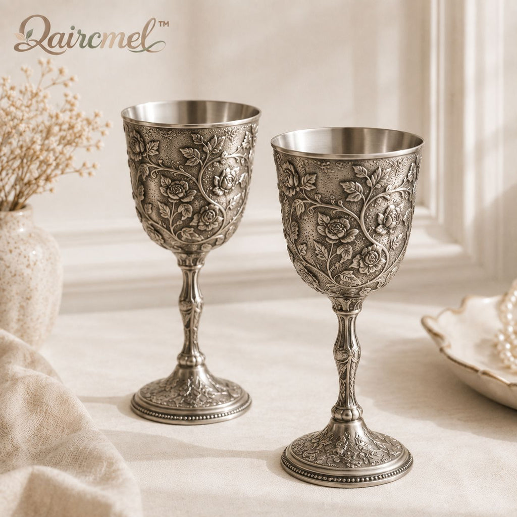 Qaircmel™ Victorian Garden Embossed Metal Goblets Set of 2 – Vintage Floral Stemmed Cups with Stainless Steel Interior