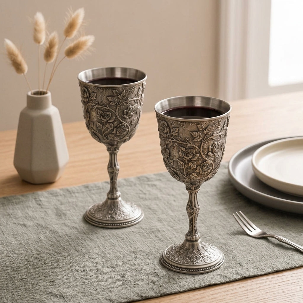 Qaircmel™ Victorian Garden Embossed Metal Goblets Set of 2 – Vintage Floral Stemmed Cups with Stainless Steel Interior