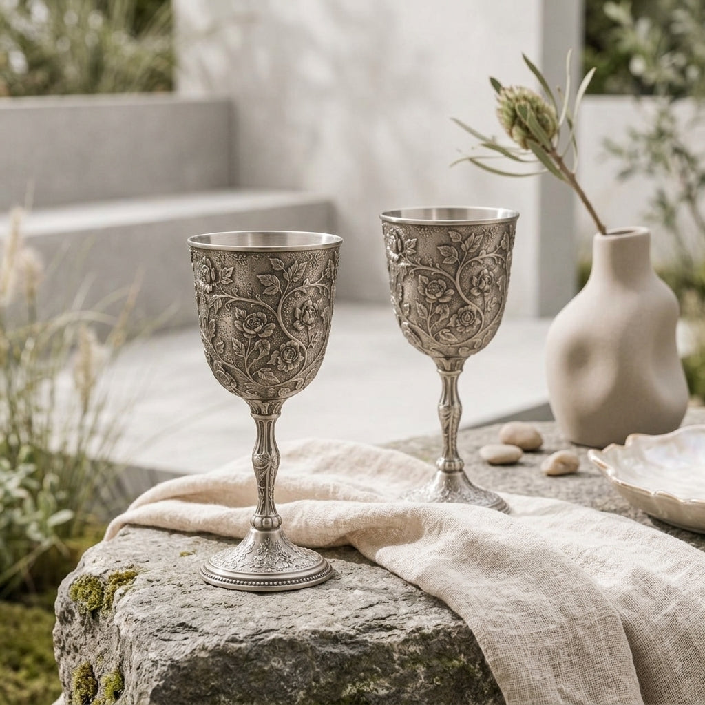 Qaircmel™ Victorian Garden Embossed Metal Goblets Set of 2 – Vintage Floral Stemmed Cups with Stainless Steel Interior