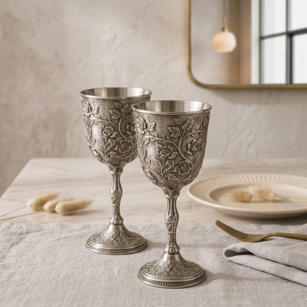 Qaircmel™ Victorian Garden Embossed Metal Goblets Set of 2 – Vintage Floral Stemmed Cups with Stainless Steel Interior