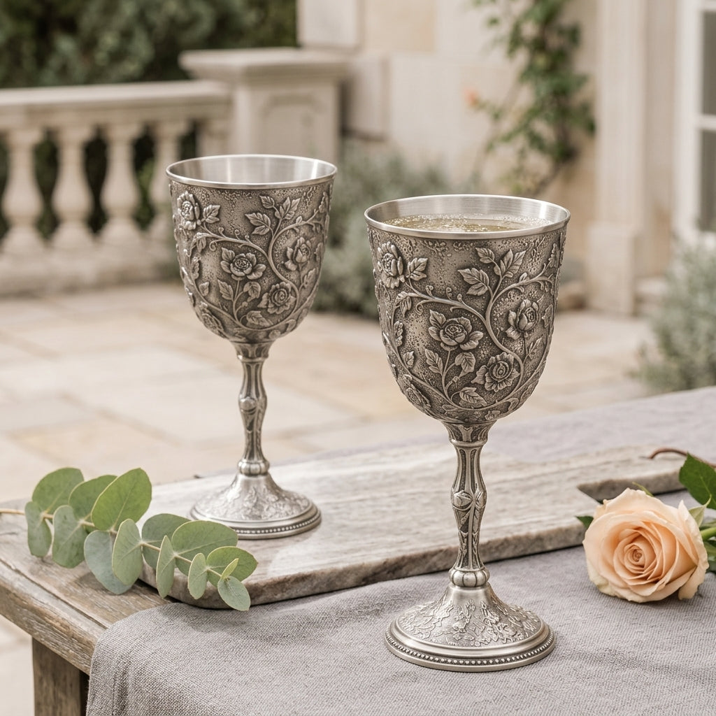 Qaircmel™ Victorian Garden Embossed Metal Goblets Set of 2 – Vintage Floral Stemmed Cups with Stainless Steel Interior
