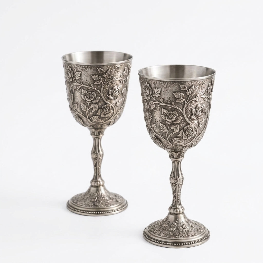 Qaircmel™ Victorian Garden Embossed Metal Goblets Set of 2 – Vintage Floral Stemmed Cups with Stainless Steel Interior