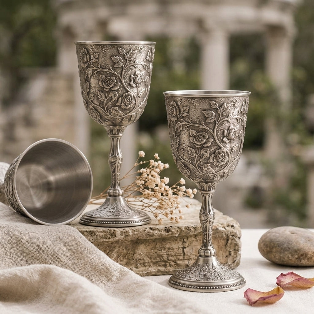 Qaircmel™ Victorian Garden Embossed Metal Goblets Set of 2 – Vintage Floral Stemmed Cups with Stainless Steel Interior