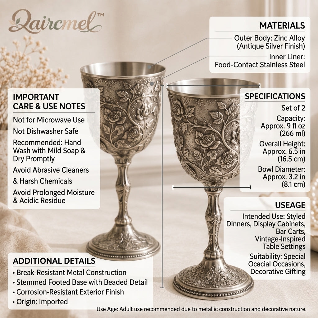Qaircmel™ Victorian Garden Embossed Metal Goblets Set of 2 – Vintage Floral Stemmed Cups with Stainless Steel Interior