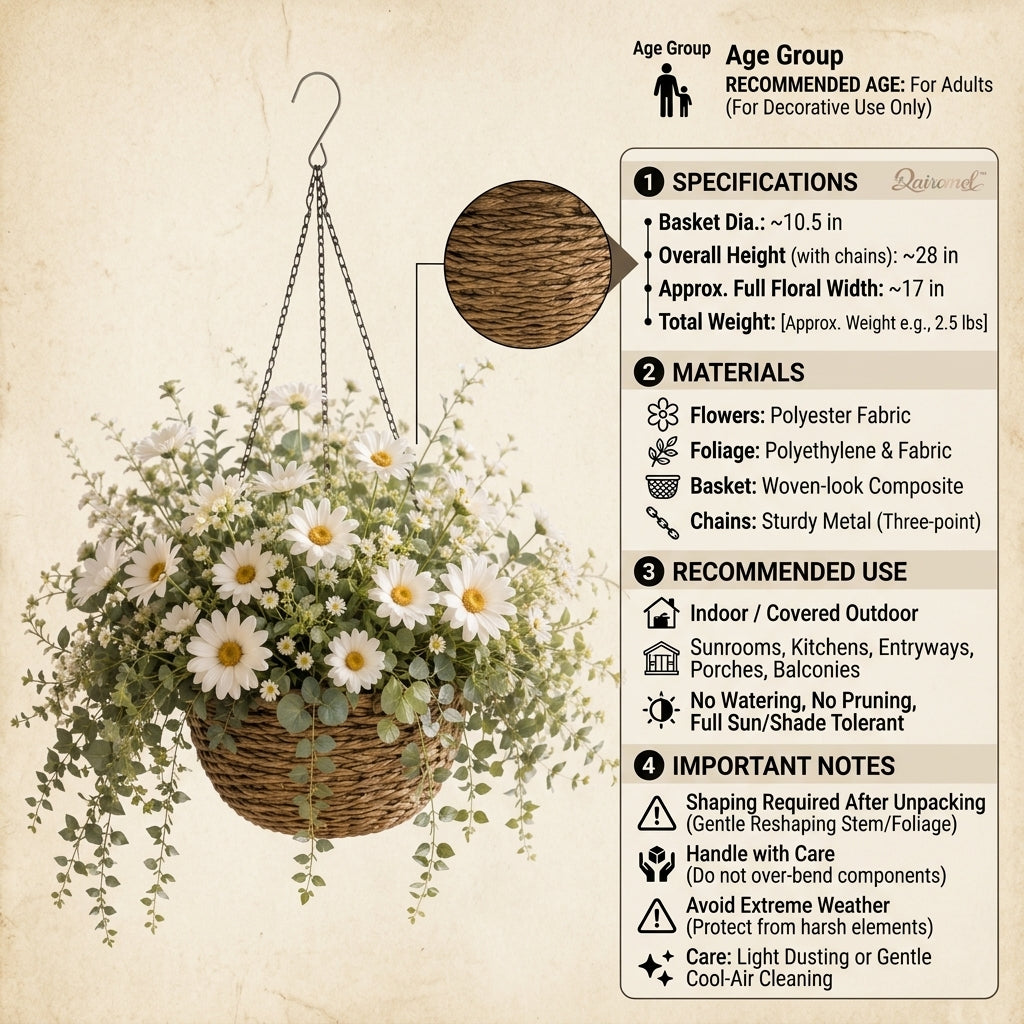Qaircmel™ Meadow Daisy Hanging Basket - Artificial Daisy Faux Flower Planter, Nordic Cottage Hanging Home Decor