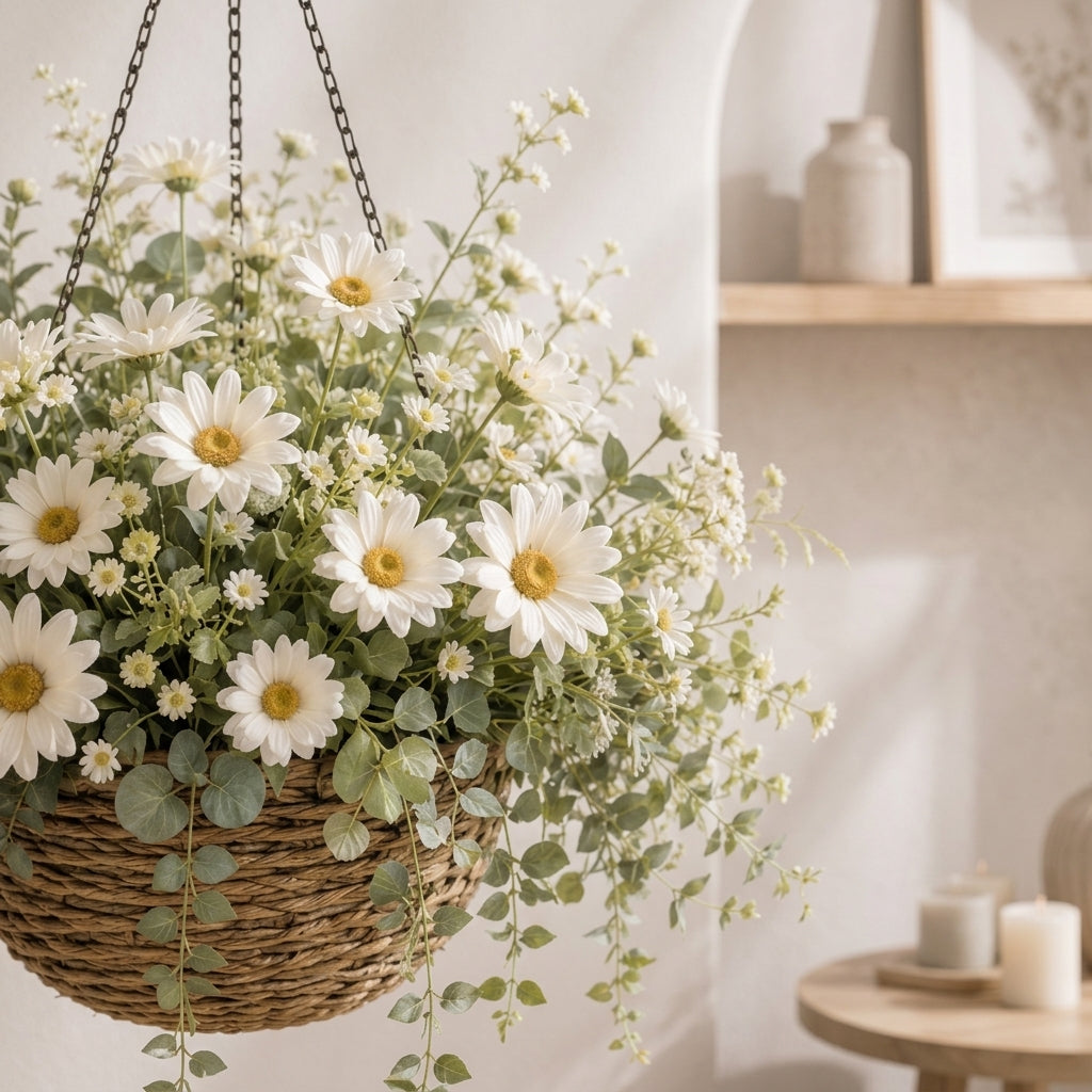 Qaircmel™ Meadow Daisy Hanging Basket - Artificial Daisy Faux Flower Planter, Nordic Cottage Hanging Home Decor