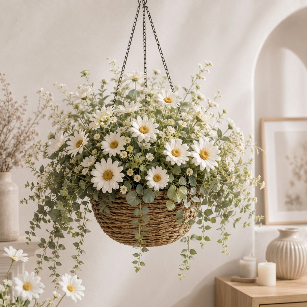 Qaircmel™ Meadow Daisy Hanging Basket - Artificial Daisy Faux Flower Planter, Nordic Cottage Hanging Home Decor