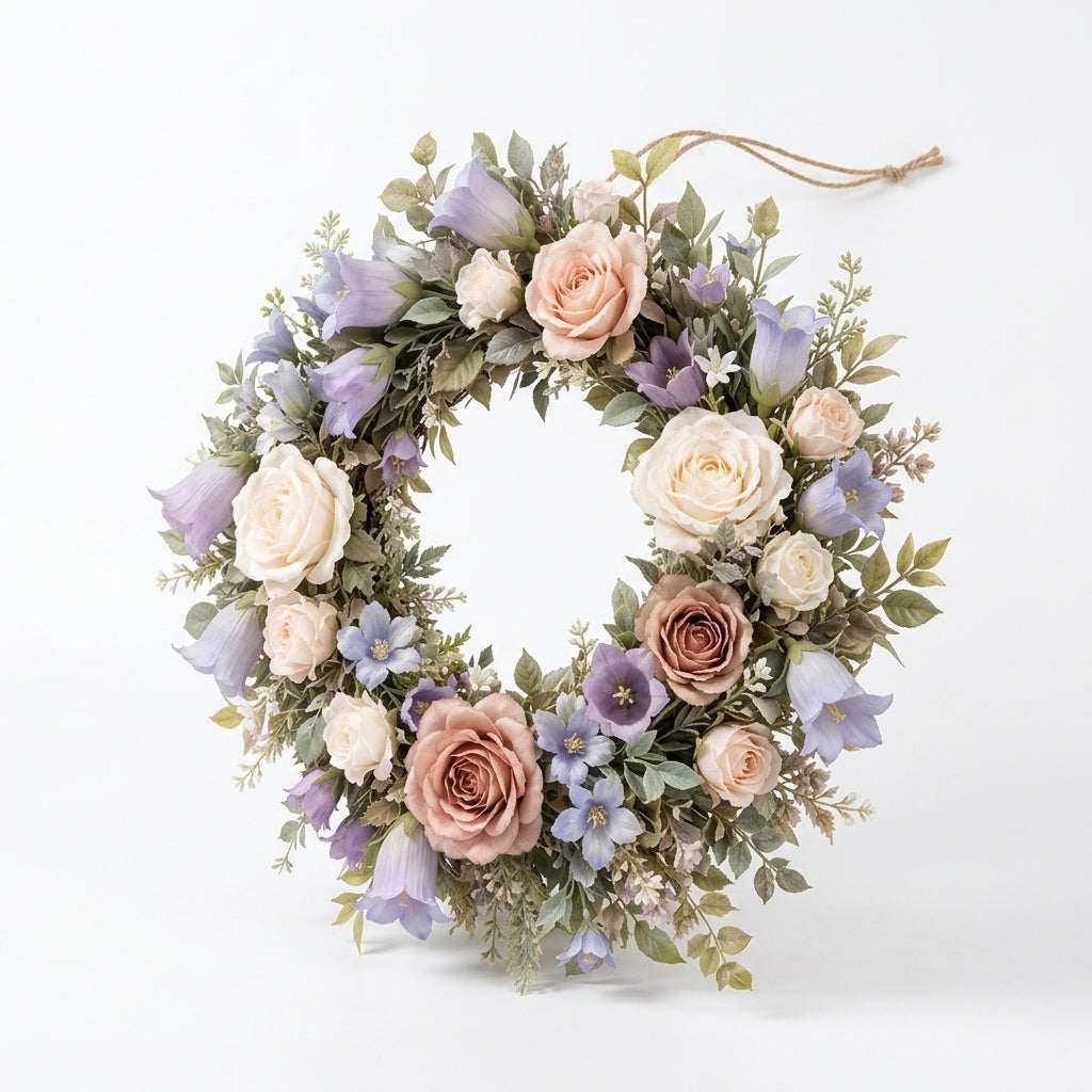 Qaircmel™ Meadow Rose & Bellflower Holiday Wreath – 13.8 Inch Artificial Floral Door Wreath with Greenery and Hanging Cord
